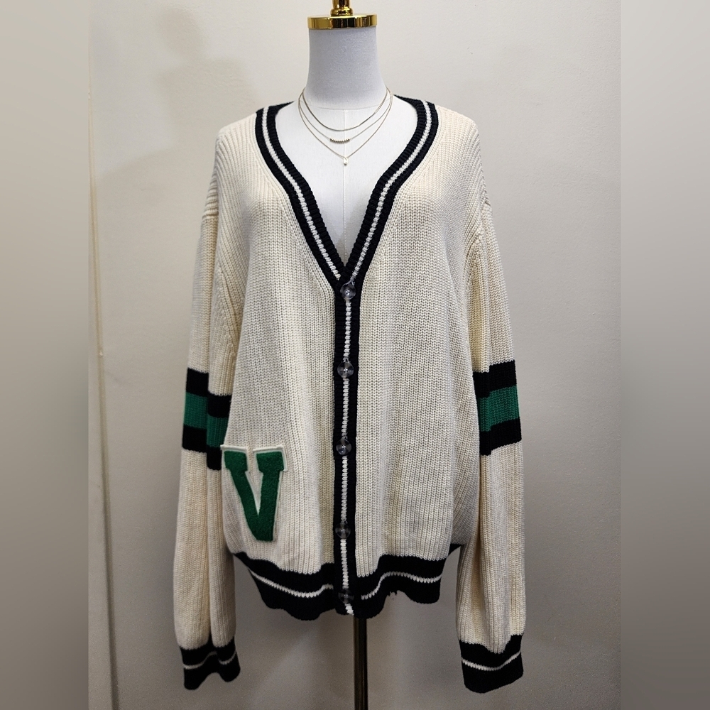 Callahan Varsity Letter Cardigan Chunky Knit Cream Preppy Sweater Size 1X